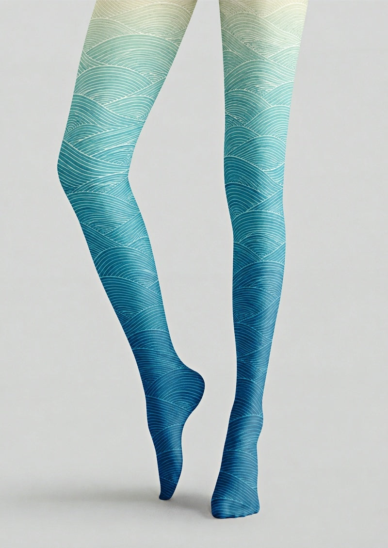 Teal Wave Patterned Tights Hosiery Pantyhose Z68-3