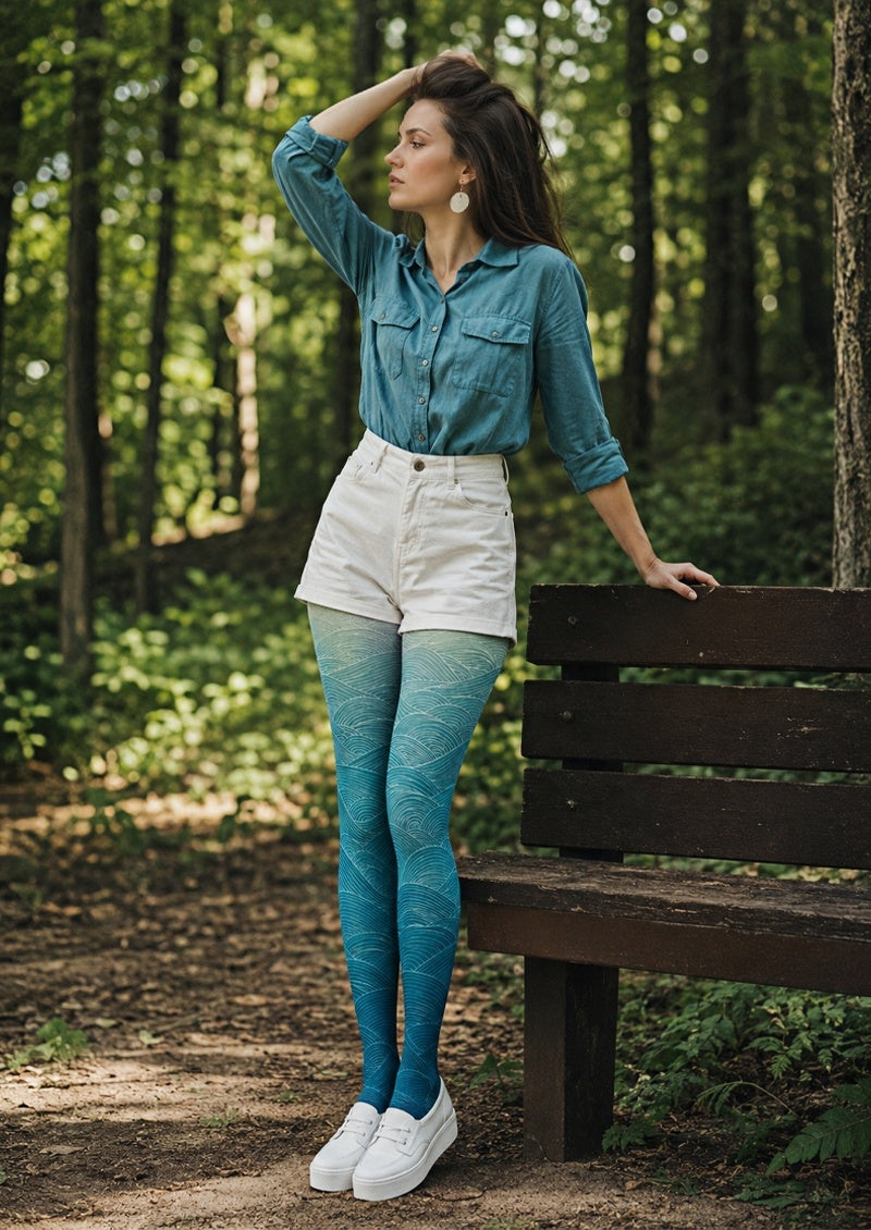 Teal Wave Patterned Tights Hosiery Pantyhose Z68-3