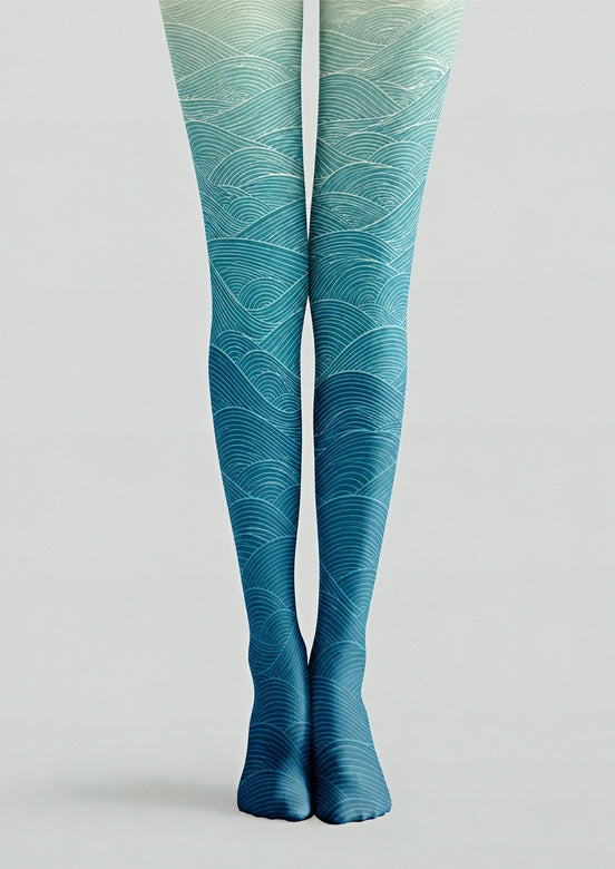 Teal Wave Patterned Tights Hosiery Pantyhose Z68-3
