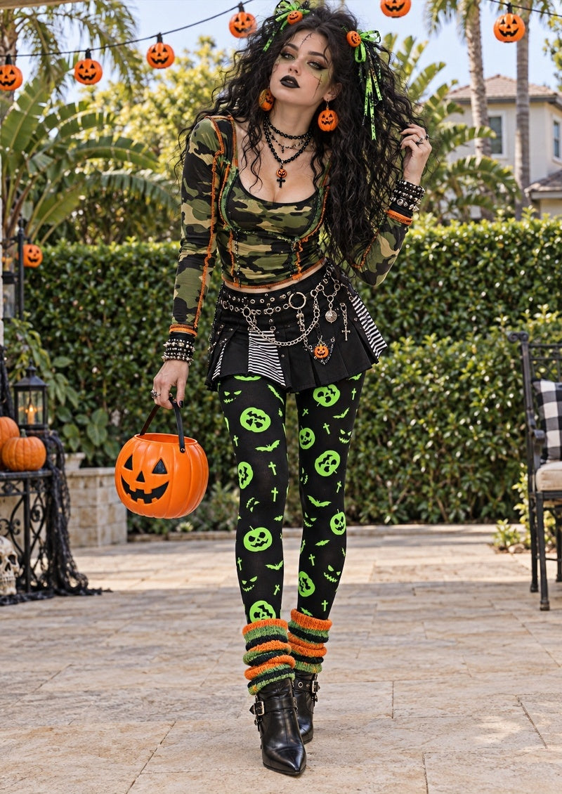 Neon Green Pumpkin Halloween Tights Hosiery Z69-27