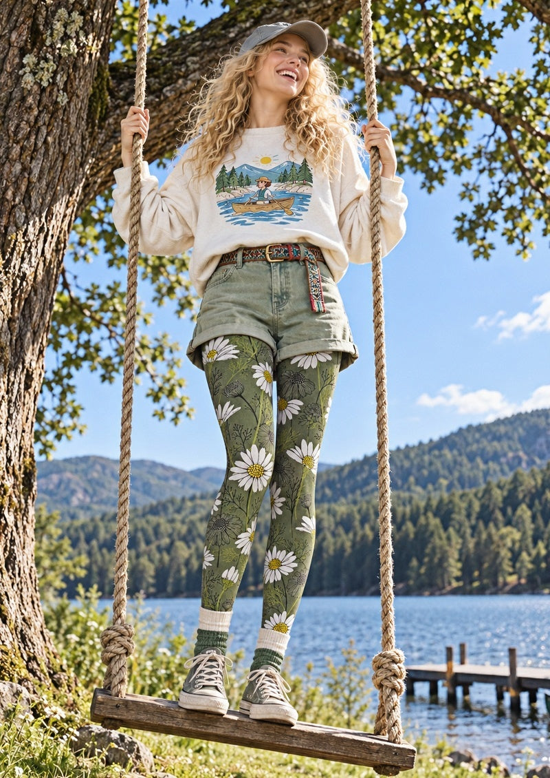 Green Daisy Floral Tights Hosiery Pantyhose Z69-41