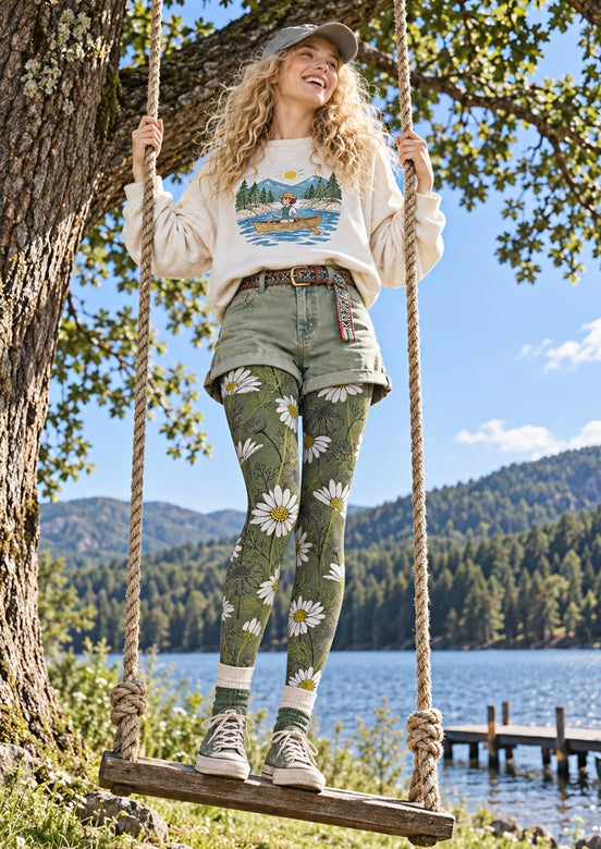 Green Daisy Floral Tights Hosiery Pantyhose Z69-41