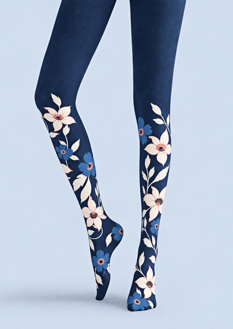 Elegant Navy Floral Print Tights Hosiery Z69-43