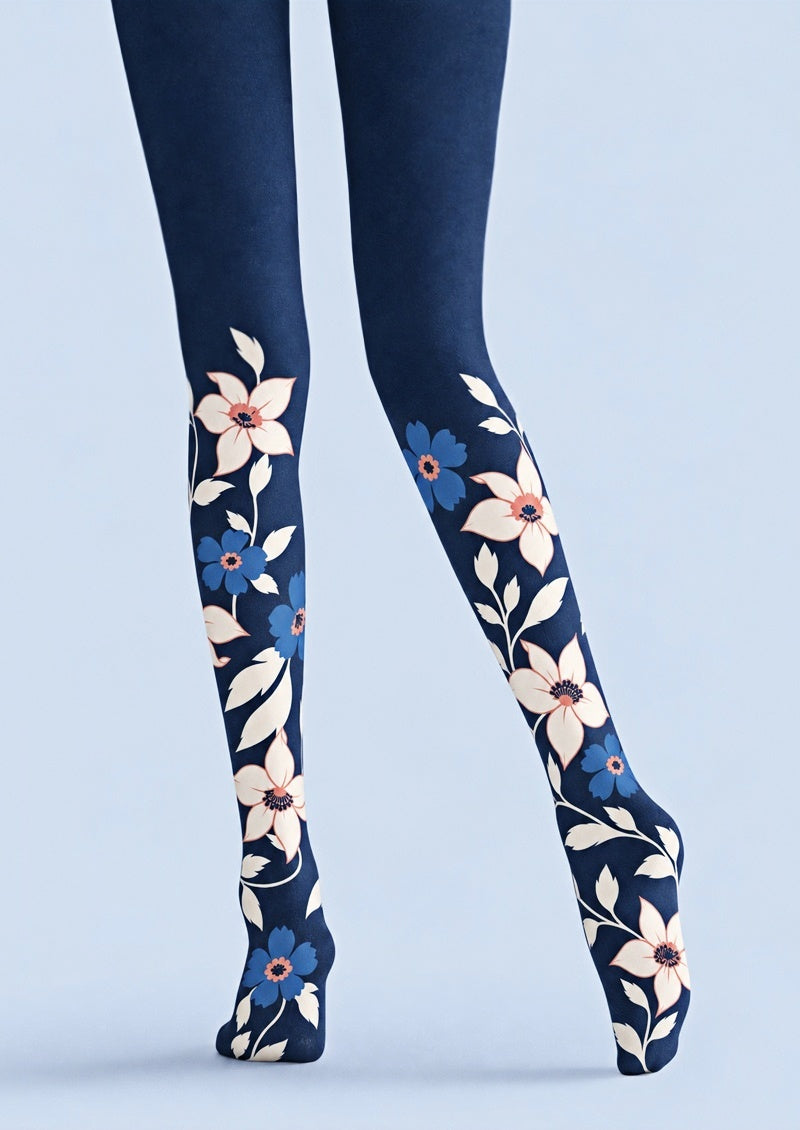 Elegant Navy Floral Print Tights Hosiery Z69-43