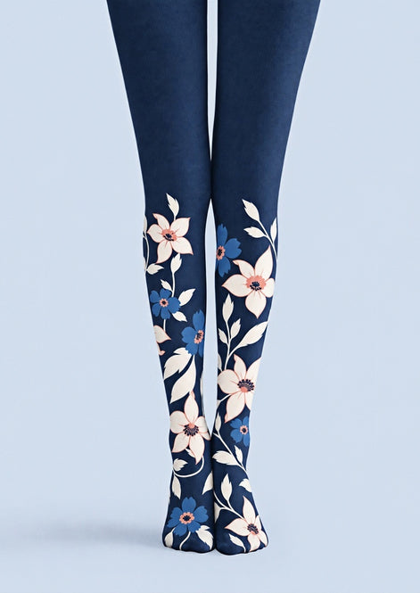 Elegant Navy Floral Print Tights Hosiery Z69-43