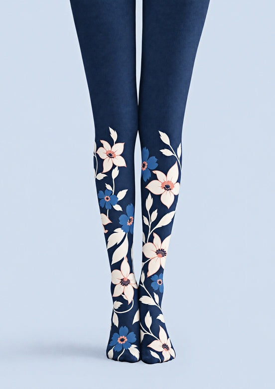 Elegant Navy Floral Print Tights Hosiery Z69-43
