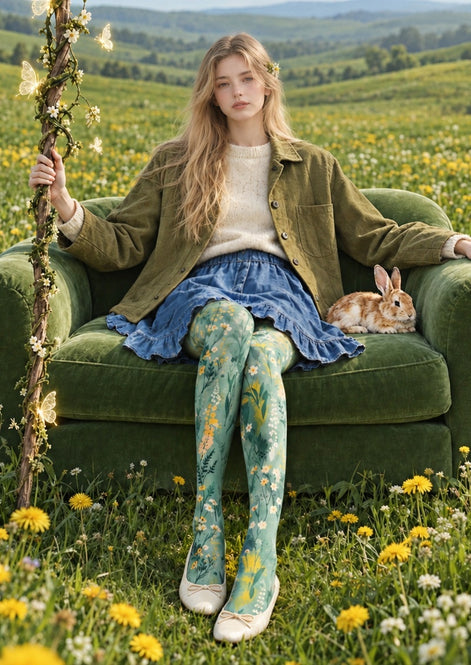 Sage Meadow Floral Print Tights Hosiery Pantyhose Z69-44