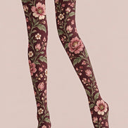 Burgundy Floral Print Tights Pantyhose Z69-50