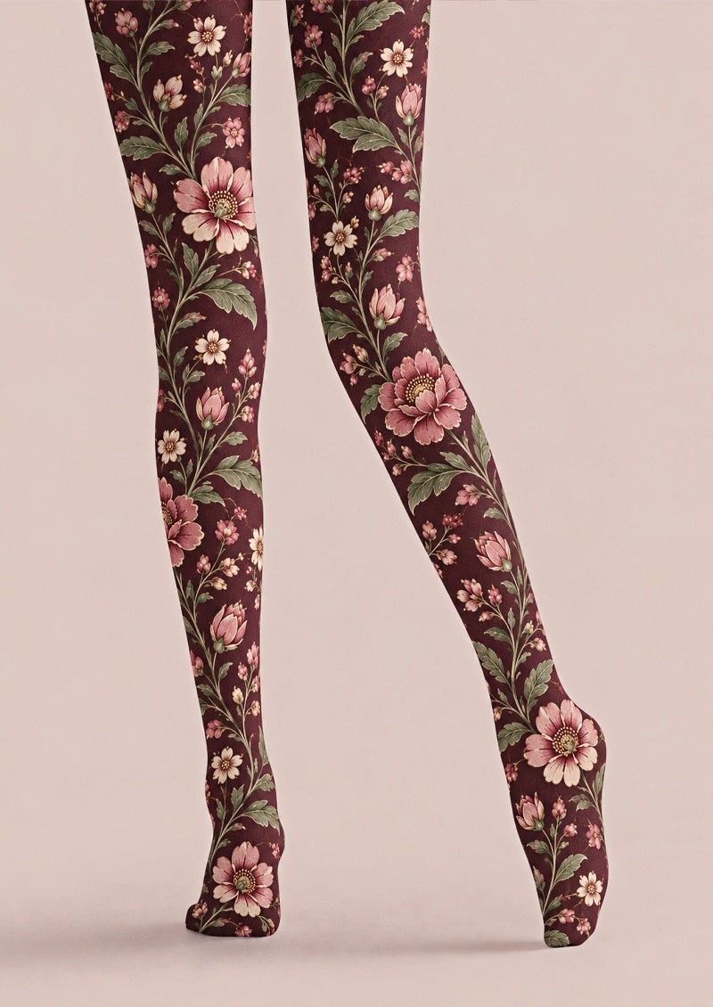 Burgundy Floral Print Tights Pantyhose Z69-50