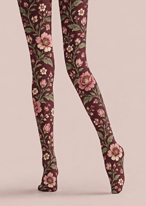Burgundy Floral Print Tights Pantyhose Z69-50