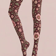 Burgundy Floral Print Tights Pantyhose Z69-50