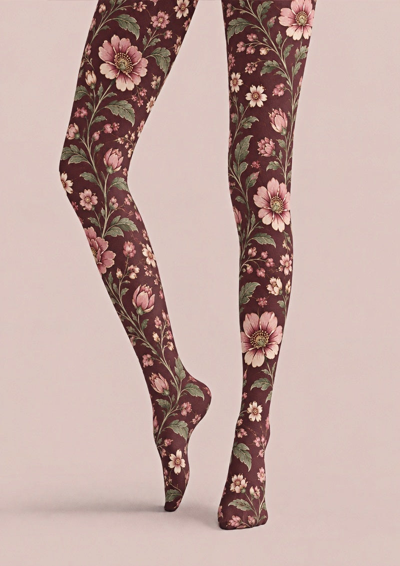 Burgundy Floral Print Tights Pantyhose Z69-50
