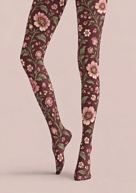 Burgundy Floral Print Tights Pantyhose Z69-50