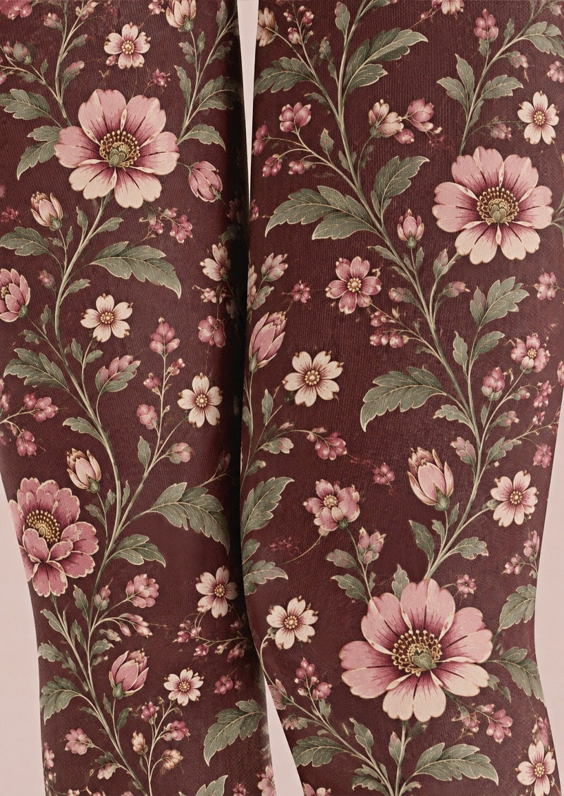 Burgundy Floral Print Tights Pantyhose Z69-50