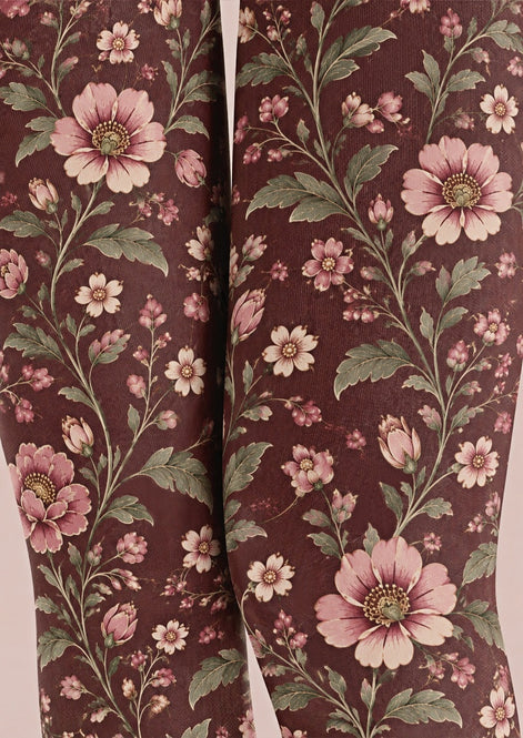 Burgundy Floral Print Tights Pantyhose Z69-50