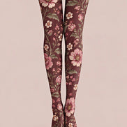 Burgundy Floral Print Tights Pantyhose Z69-50