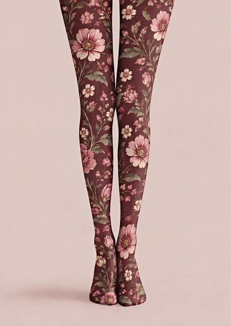 Burgundy Floral Print Tights Pantyhose Z69-50