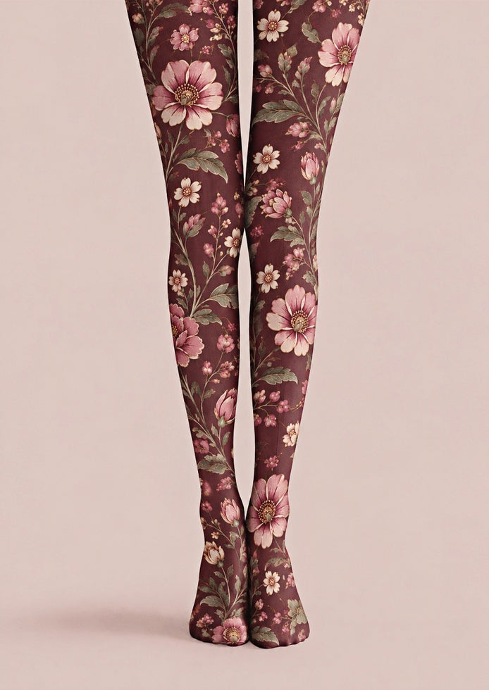 Burgundy Floral Print Tights Pantyhose Z69-50