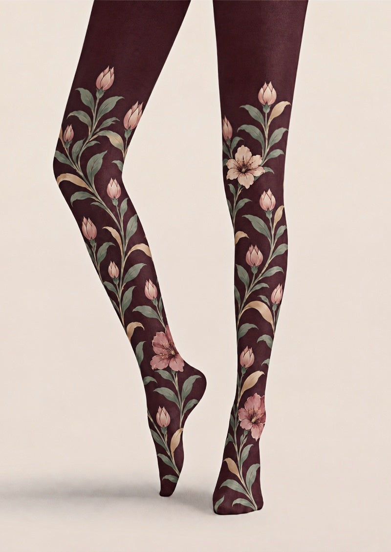 Autumn Burgundy Floral Tights Hosiery Pantyhose Z69-59