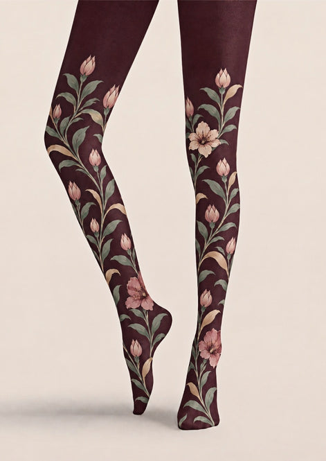 Autumn Burgundy Floral Tights Hosiery Pantyhose Z69-59