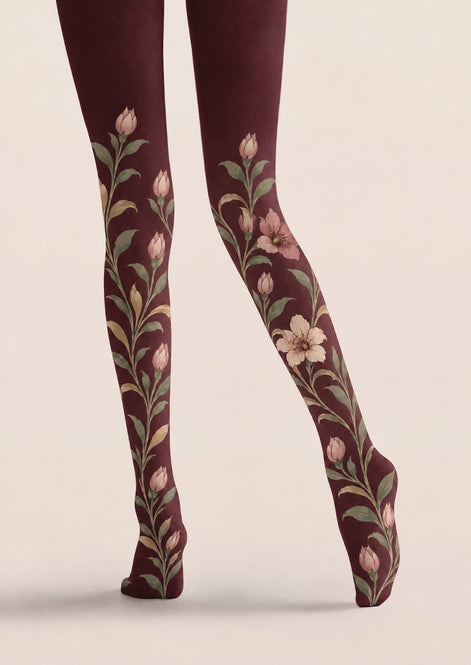 Autumn Burgundy Floral Tights Hosiery Pantyhose Z69-59
