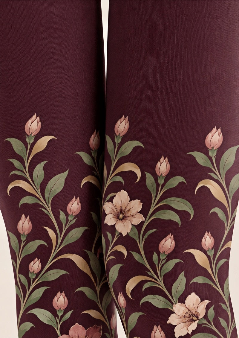 Autumn Burgundy Floral Tights Hosiery Pantyhose Z69-59
