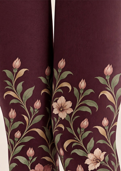 Autumn Burgundy Floral Tights Hosiery Pantyhose Z69-59