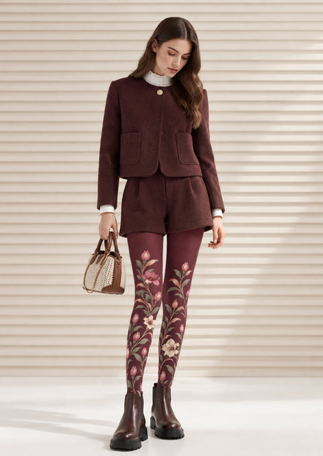 Autumn Burgundy Floral Tights Hosiery Pantyhose Z69-59