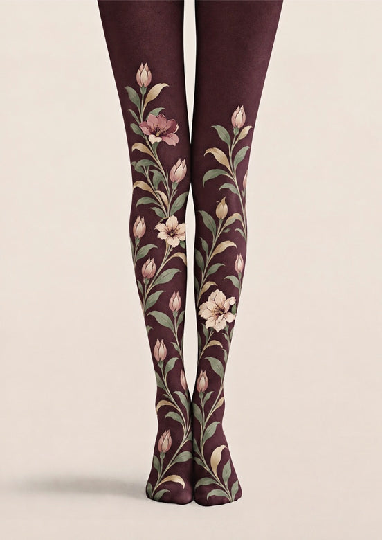 Autumn Burgundy Floral Tights Hosiery Pantyhose Z69-59