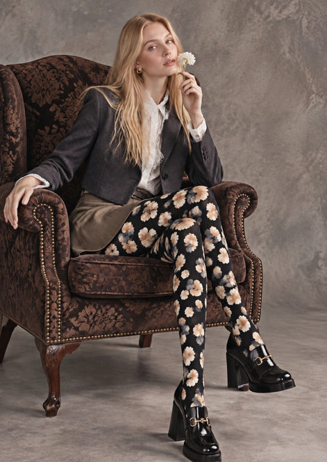 Black Watercolor Floral Tights Hosiery Pantyhose Z69-64