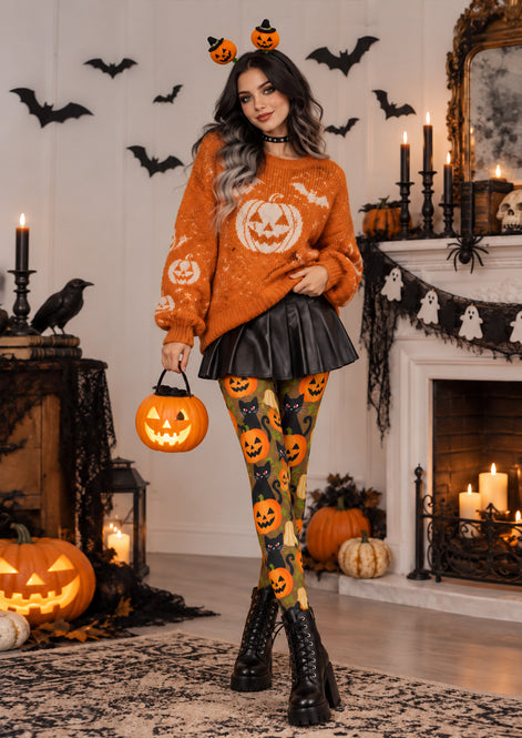 Halloween Pumpkin Cat Graphic Tights Pantyhose Z69-65