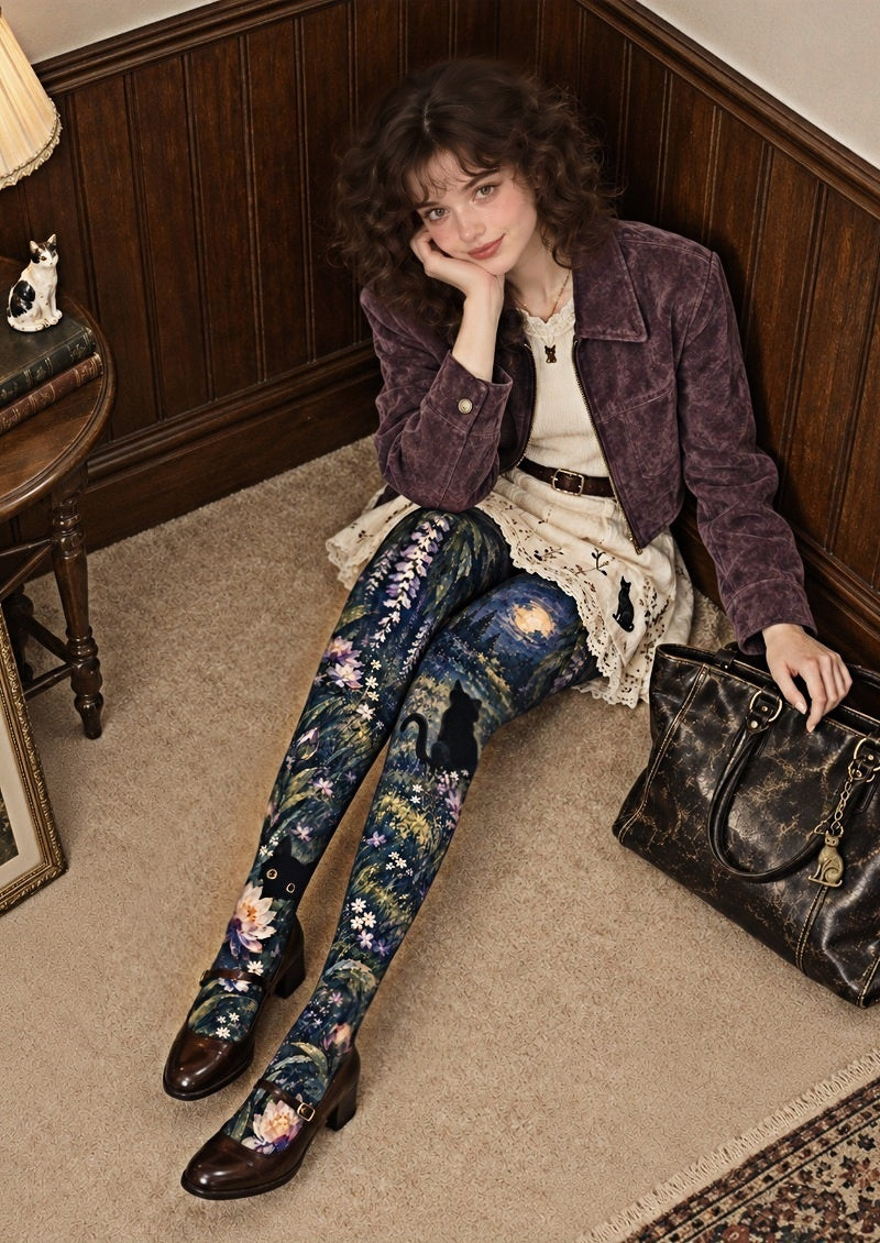 Moonlit Garden Cat Tights Hosiery Pantyhose Z69-66