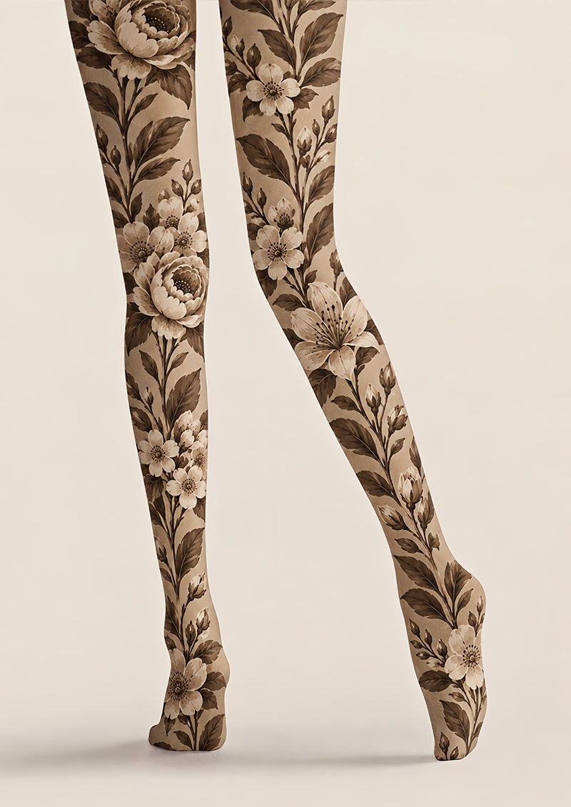 Brown Vintage Flower Tights Hosiery Pantyhose Z69-67