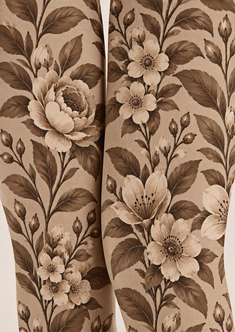 Brown Vintage Flower Tights Hosiery Pantyhose Z69-67