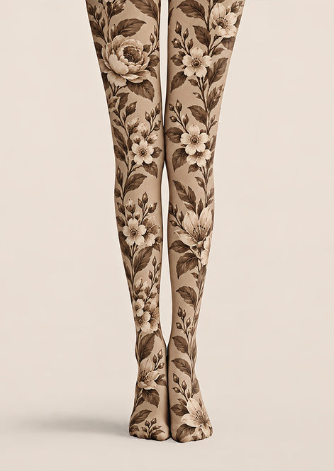 Brown Vintage Flower Tights Hosiery Pantyhose Z69-67