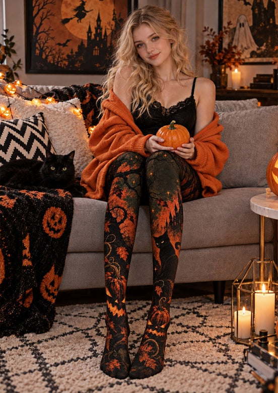 Haunted Cat Pumpkin Tights Hosiery Pantyhose Z69-71