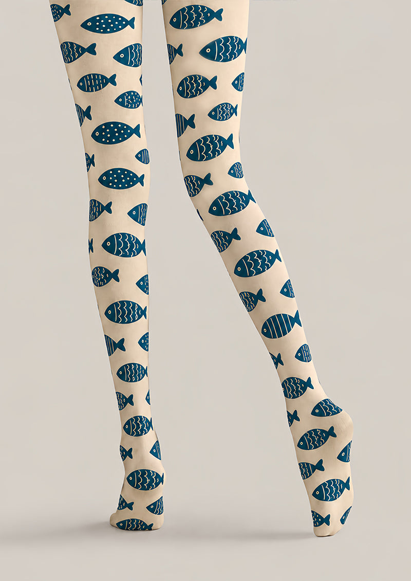 Navy Fish Print Animal Tights Hosiery Pantyhose Z69-76