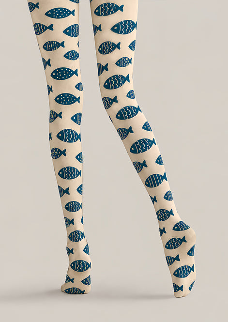 Navy Fish Print Animal Tights Hosiery Pantyhose Z69-76