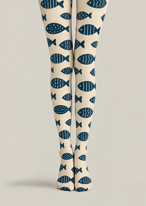 Navy Fish Print Animal Tights Hosiery Pantyhose Z69-76
