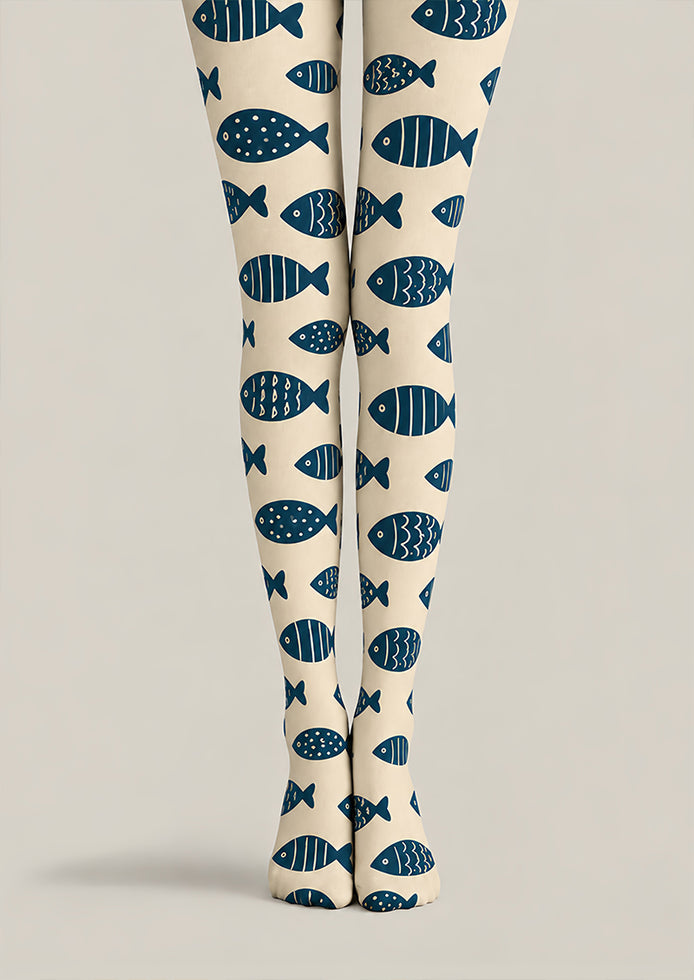 Navy Fish Print Animal Tights Hosiery Pantyhose Z69-76