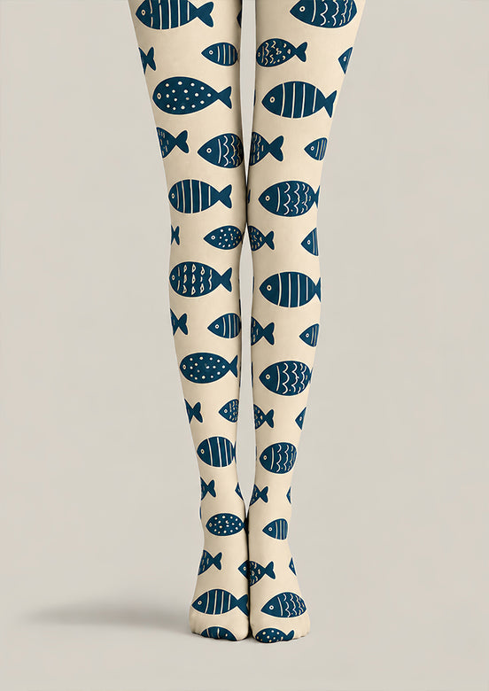 Navy Fish Print Animal Tights Hosiery Pantyhose Z69-76