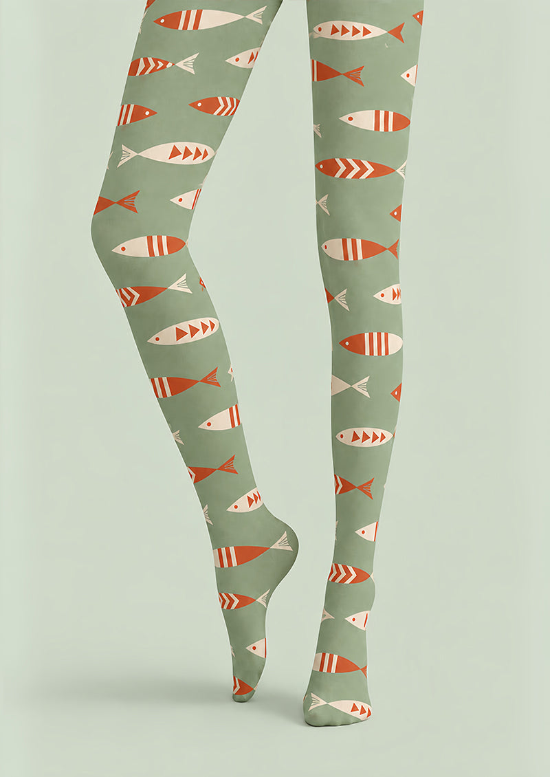 Sage Green Fish Print Tights Pantyhose Z69-77