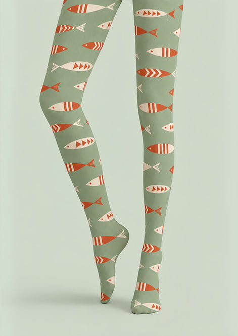 Sage Green Fish Print Tights Pantyhose Z69-77