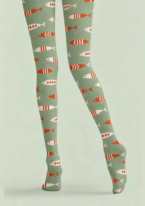 Sage Green Fish Print Tights Pantyhose Z69-77