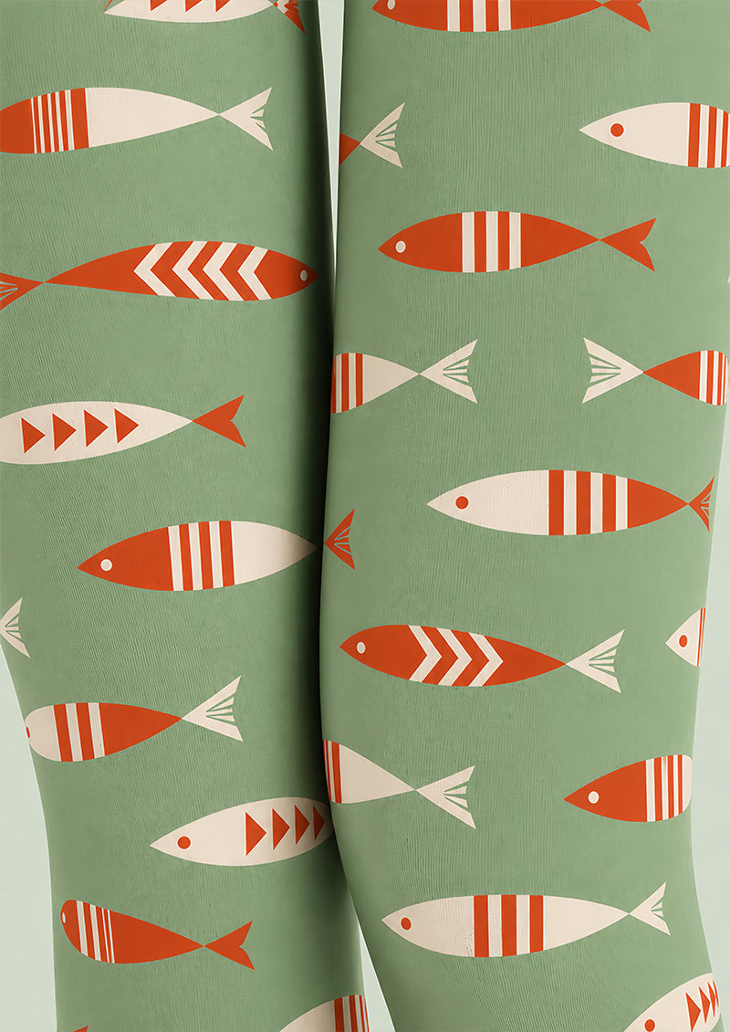 Sage Green Fish Print Tights Pantyhose Z69-77