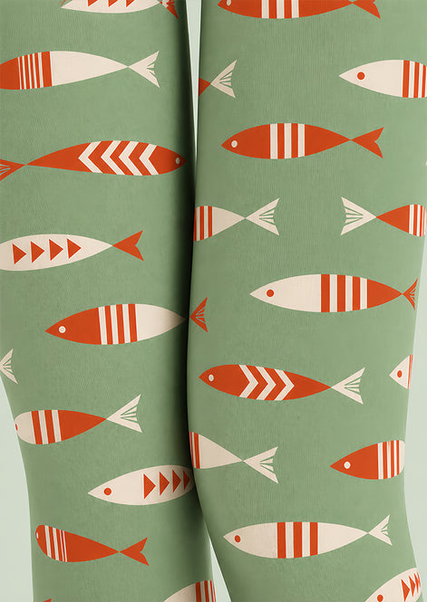 Sage Green Fish Print Tights Pantyhose Z69-77