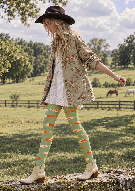 Sage Green Fish Print Tights Pantyhose Z69-77