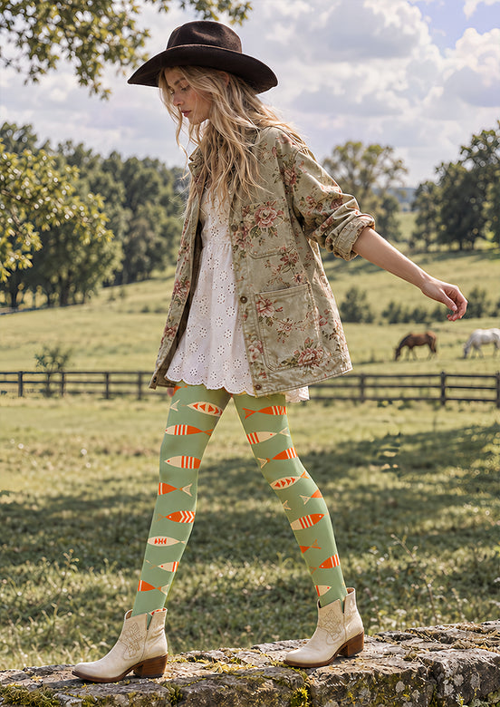 Sage Green Fish Print Tights Pantyhose Z69-77