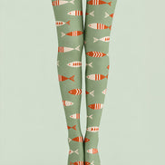 Sage Green Fish Print Tights Pantyhose Z69-77