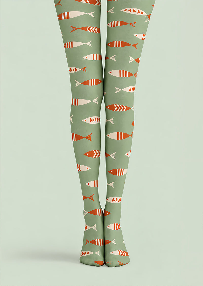 Sage Green Fish Print Tights Pantyhose Z69-77